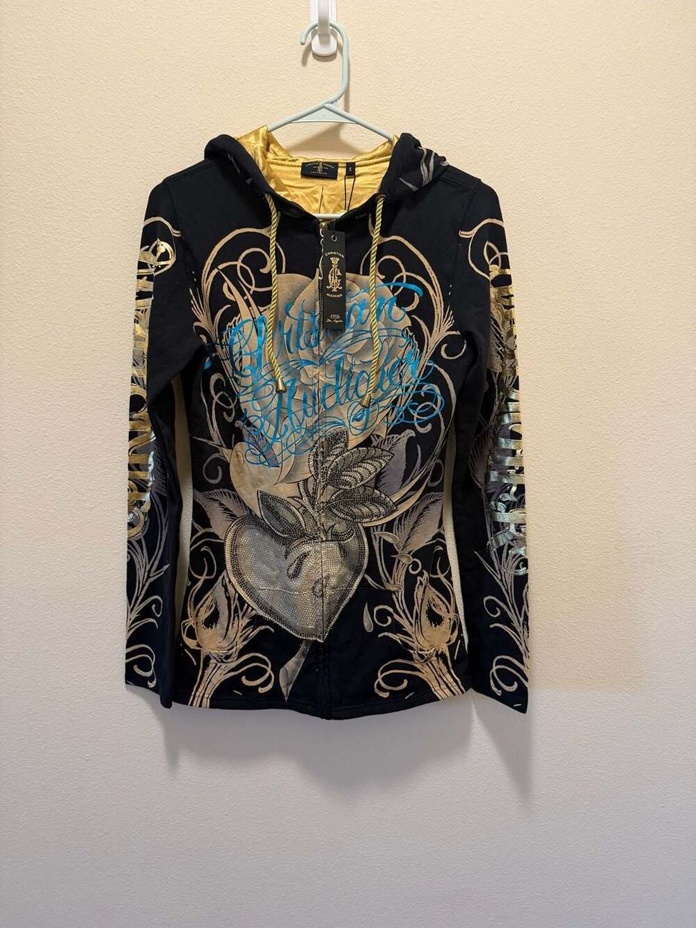 Christian Audigier Women's Y2K Tattoo Print Full-Zip Hoodie Black Gold Size S